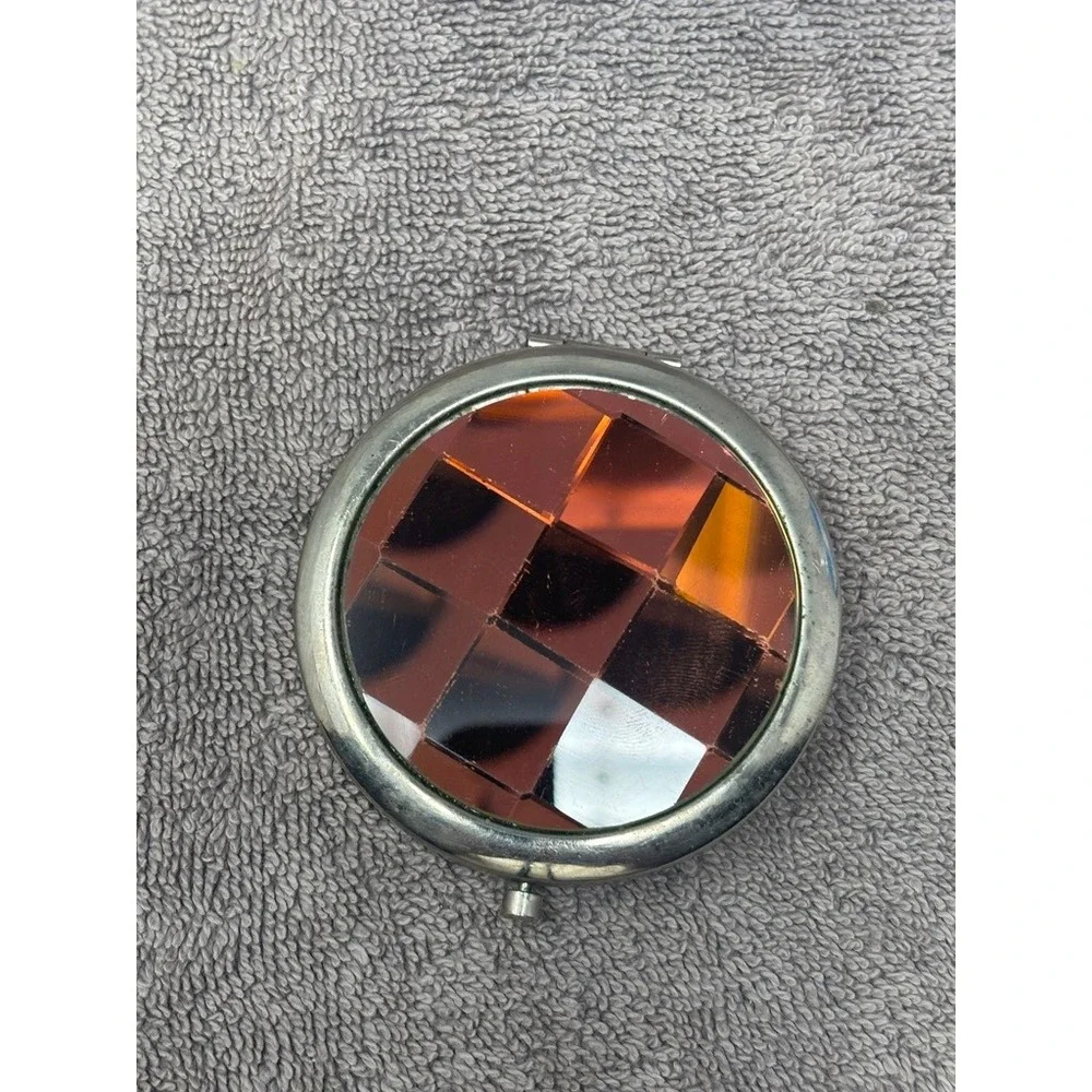 Vintage Style Compact Mirror Green Amber Faceted Glass Silver Tone Round